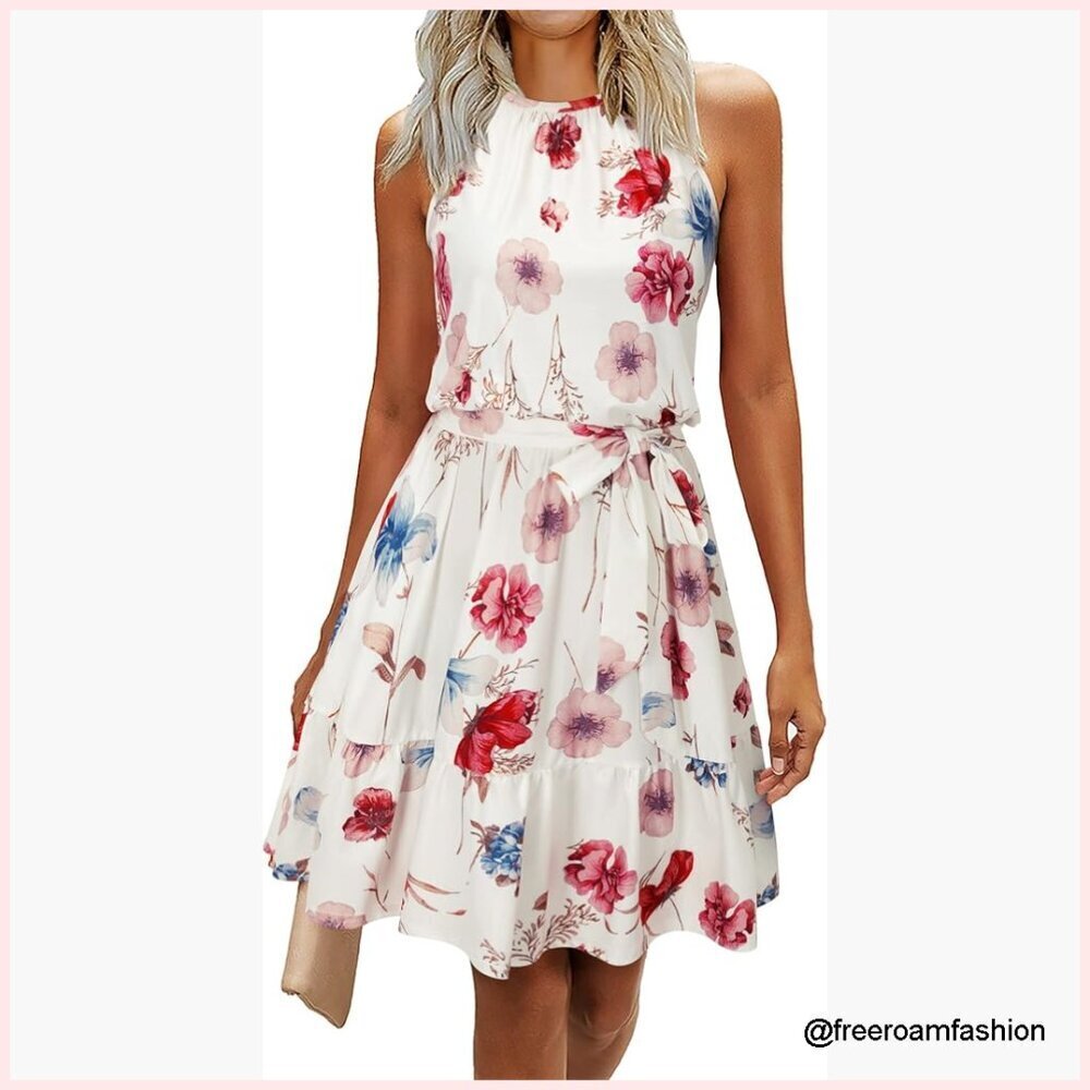 Summer Halter Sundress with Pockets, Belted A-Line Flowy Fit